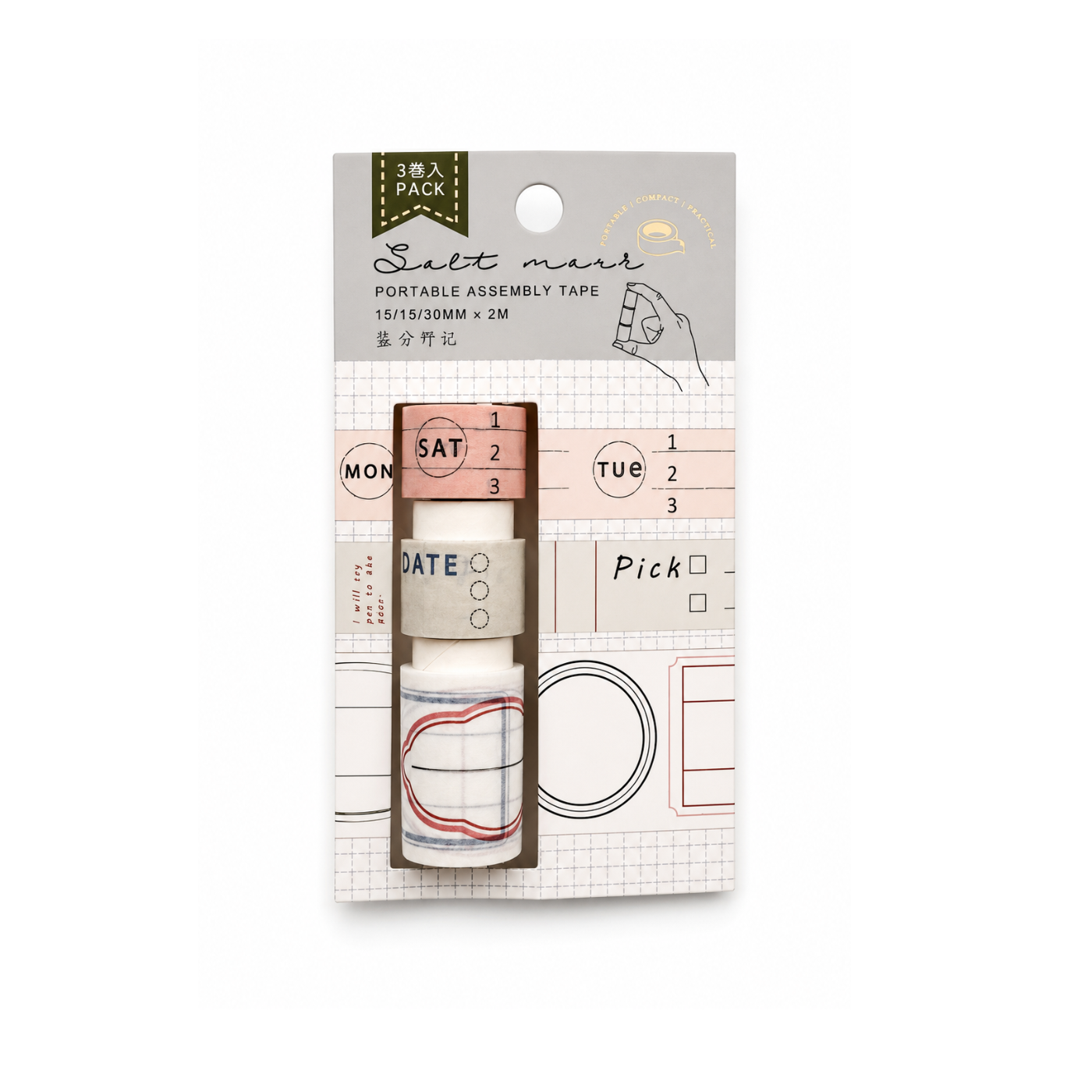 A 3-pack of Salt mark portable assembly tape in a window box package, featuring pastel pink, beige, and white tapes with retro labels like 'MON', 'SAT', 'TUE', and 'DATE'.