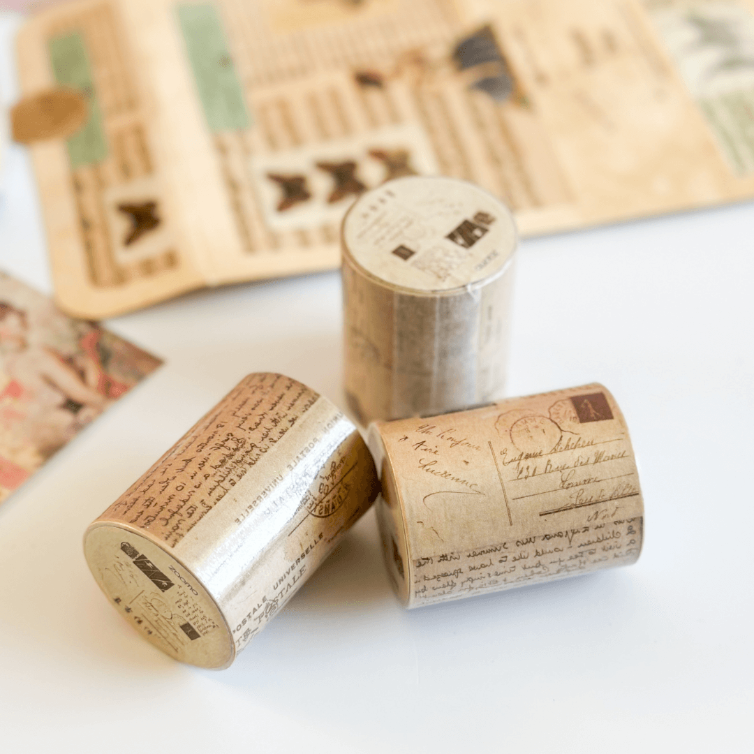 3 rolls of wide brown washi tape with letters and postmark designs