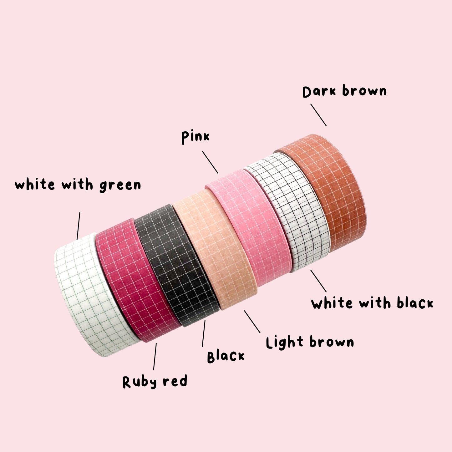 White with green washi tape roll, ruby red washi grid roll, black with grid washi tape roll, pink with grid washi tape roll, white with black grid washi tape roll, dark brown with grid washi tape roll.