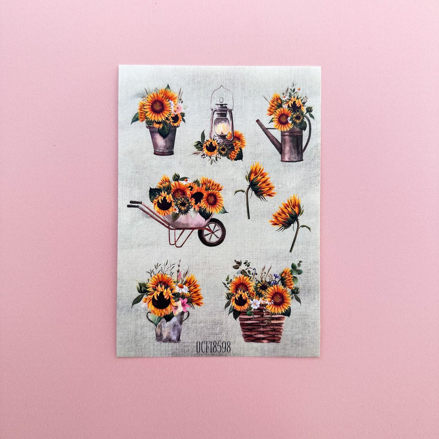 sticker sheet with sunflower and garden illustrations printed on matte paper