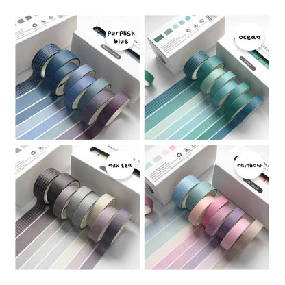 Purplish blue washi tape set that includes 8 rolls. Ocean colour set. Milk tea colour set and rainbow colour washi tape set with 8 rolls.
