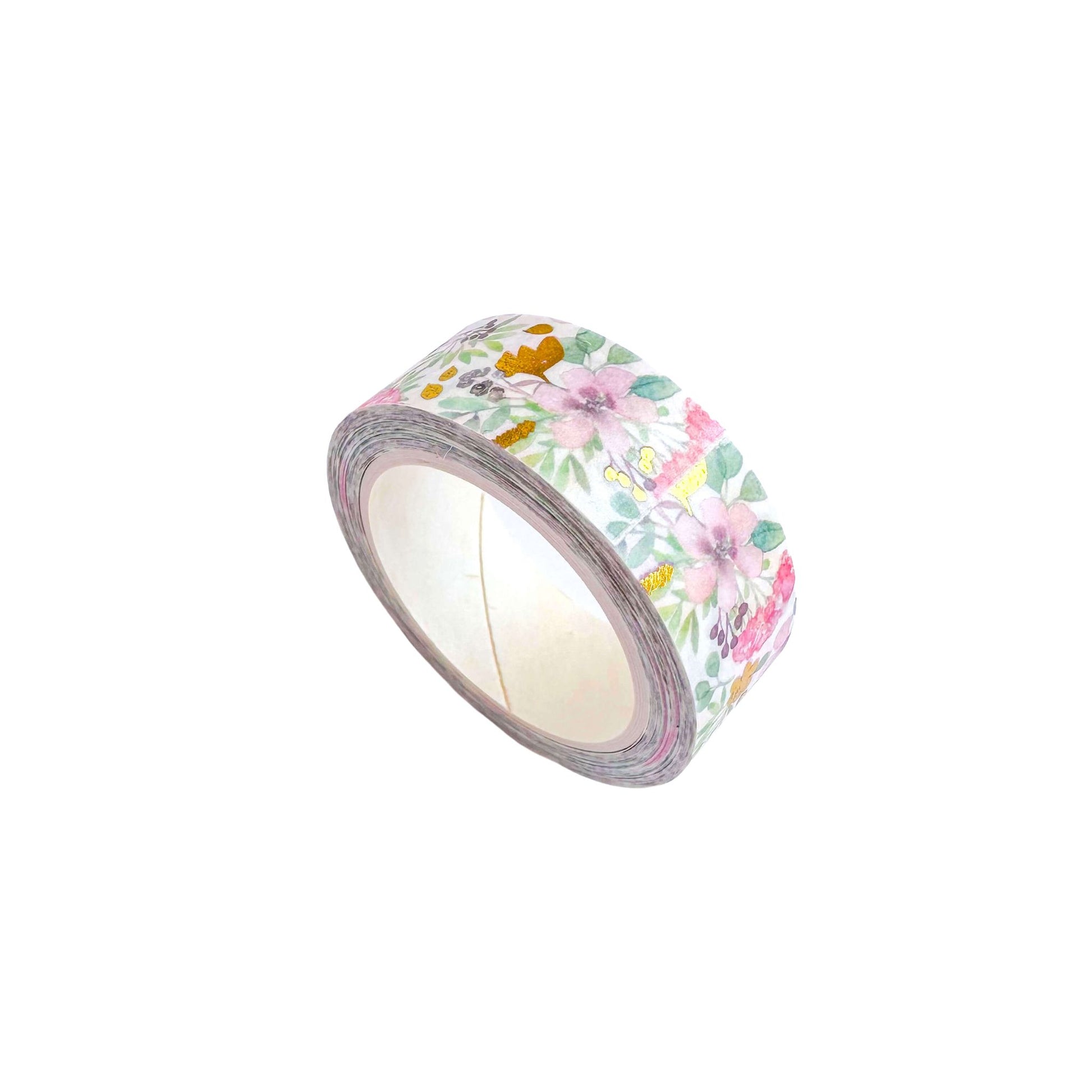 Pink flowers with green leaves and gold detail washi tape roll