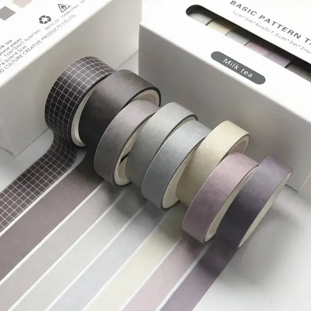 Milk tea washi tape set with black and white grid roll plus 7 other mixed colours.