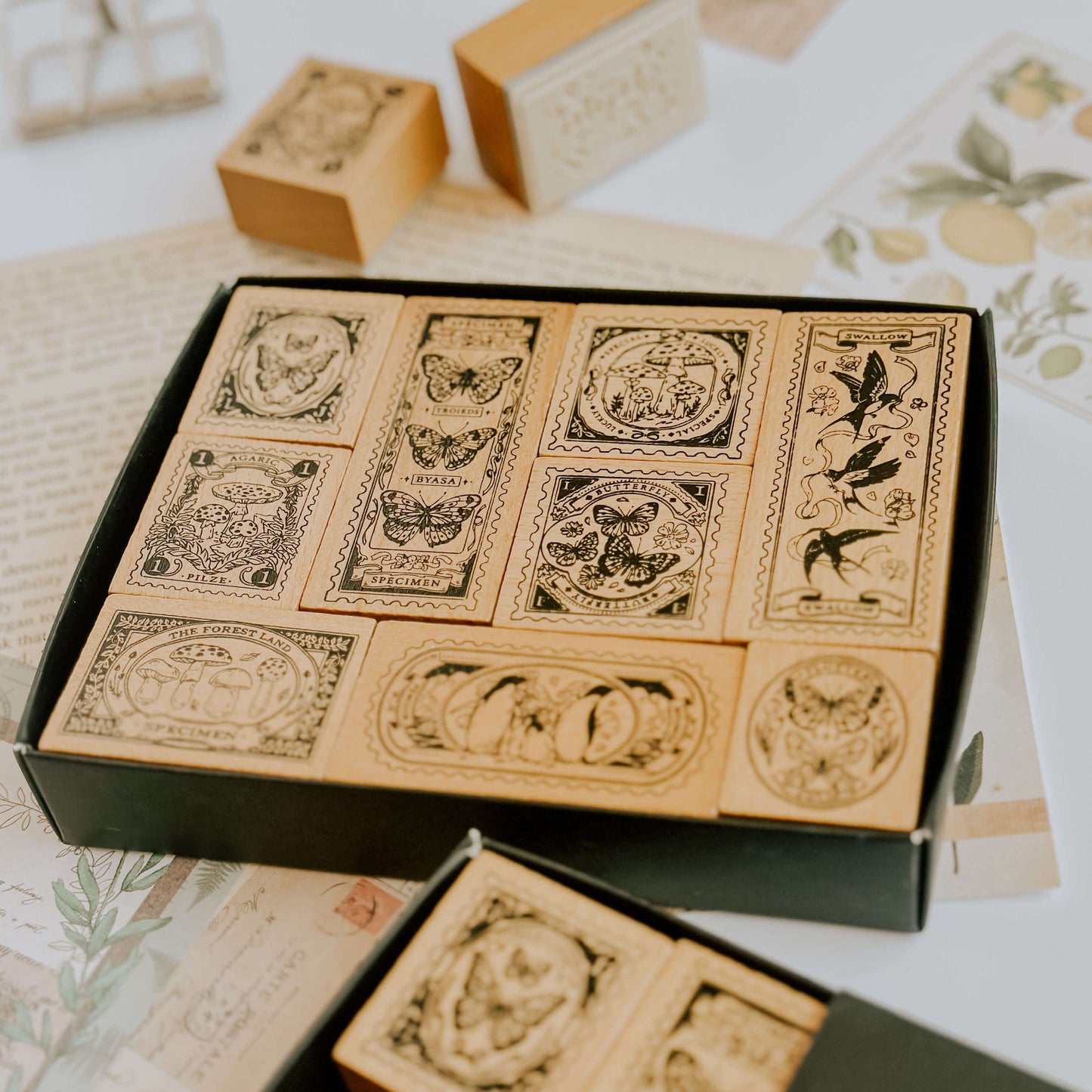 Wooden stamp set - Mystical butterfly & mushrooms
