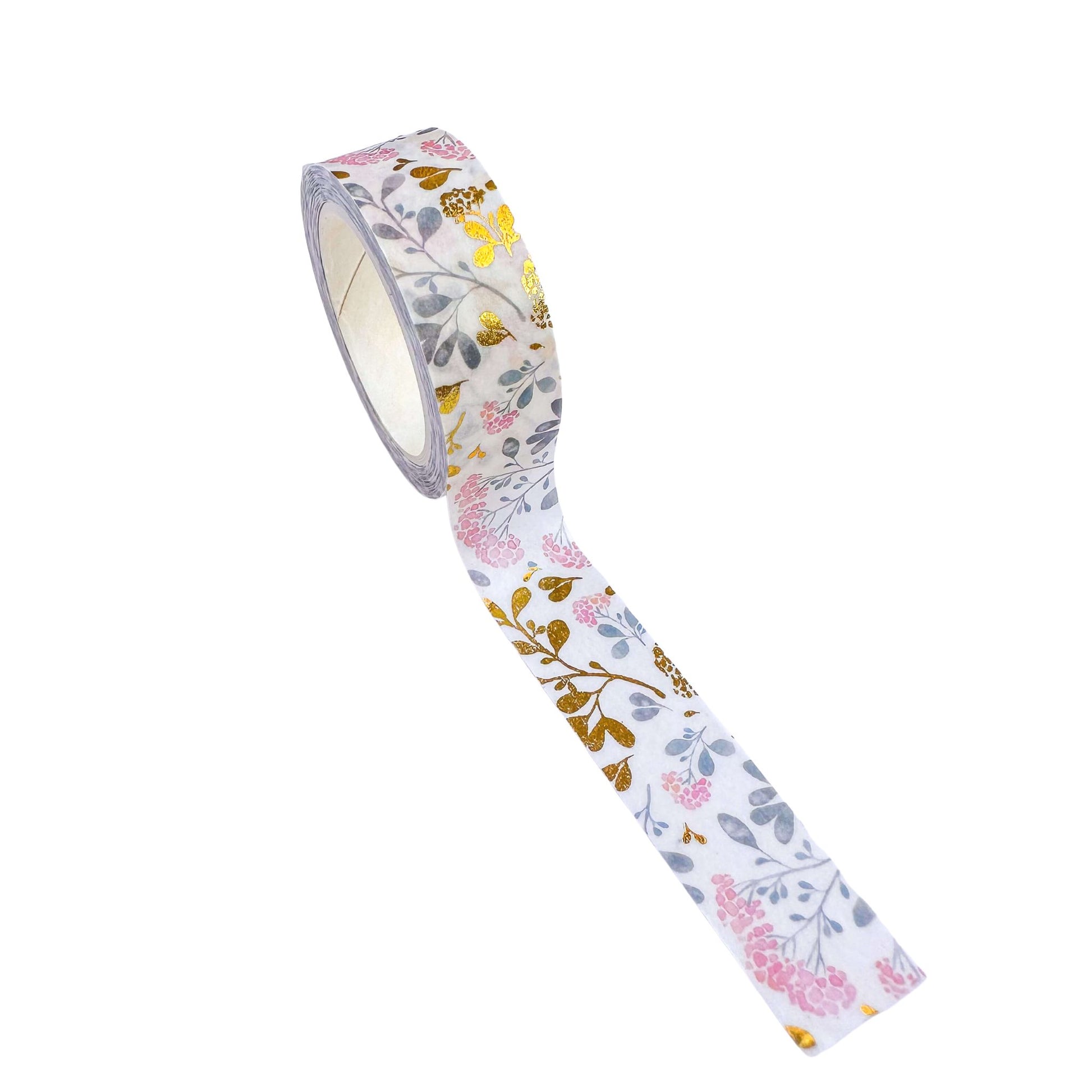 Pink blossoms with blue and gold leaves washi tape roll