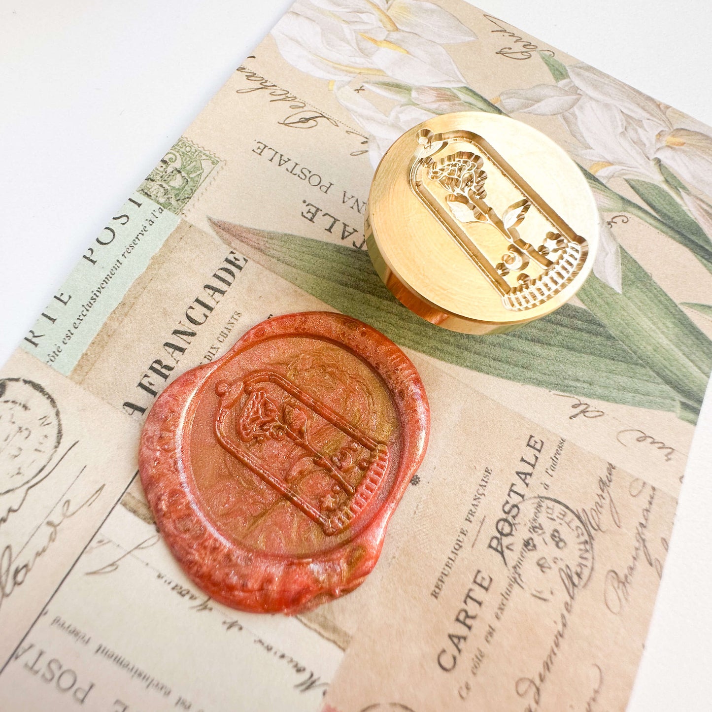 Brass wax seal stamp - Rose in glass dome